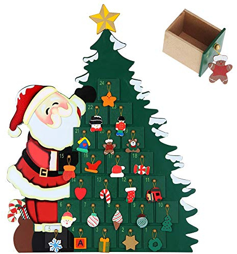 Bakaji Calendrier de l'Avent de Noël en bois avec 24 tiroirs numérotés pour surprise, décorations de Noël, maison (Père Noël avec arbre)