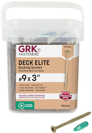 GRK Fasteners Deck Elite #9 x 3 Inch Decking Screws, 350 PCS, Corrosion Resistant Coating, Outdoor Fencing, Railing, and Deck Fasteners, Fast Bite Tip, Star Drive Recess, T-25 Bit Included, Tan