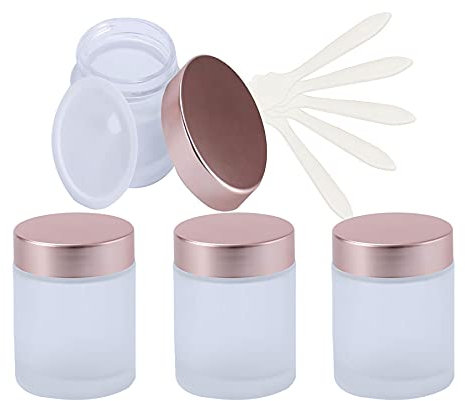 ZEOABSY 4 Pack 100ml Empty Face Cream Storage Containers Pots with Rose Lid, Frosted Glass Cosmetic Jars for Creams, Lotion, Sample, Make-Up Storage, Lotion Ointment, Lip Balm.