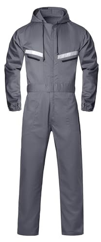 Oralidera Hombre Mono de Trabajo Polyalgodón Mecánicos Ropa de Trabajo Alta Visibilidad Petos de Trabajo para Hombre con Capucha, Gris, L