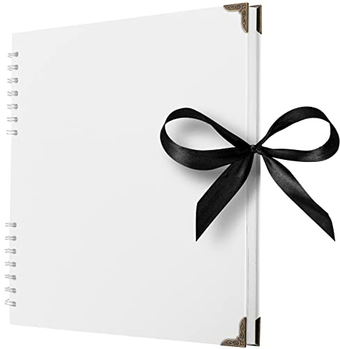 Bstorify Fyrkantig klippbok, fotoalbum, 80 sidor, vitt tjockt papper, hårt omslag, metallhörn, bandstängning, perfekt för din scrapbooking, album, konst- och hantverksprojekt (vit, 28 x 28 cm)