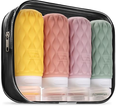 100ml Silicone Travel Bottles for Toiletries for Shampoo and Conditioner | Holiday Travel Essentials Leakproof Refillable Squeeze TSA Approved Travel-friendly with Labels/Clear Bag
