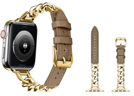 YISIWERA Chain Leather Watch Straps Compatible with Apple Watch Strap 38 mm 40 mm 41 mm 42 mm 44 mm 45 mm 49 mm Women's Genuine Leather Watch Strap for iWatch Ultra/Ultra 2 Series 9 8 7 6 5 4 3 2 1