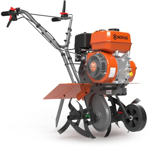 NOVUS 212cc 4 Cycle Front Tine Tiller Cultivator, Tilling Width Adjustment 12-21, Forward and Reverse Controls, Airless Tires, Powerfull Gas Tiller for Gardening Weeding Cultivating Digging