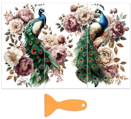 OLYCRAFT 3 Stück/Set Pfauen Pfingstrose Transferfolien Zum Aufreiben Für Möbel Und Kunsthandwerk 15x30cm Blumen Möbelaufkleber Dekor Tier Transferaufkleber Zum Aufreiben Mit 1 Teiligem Schaber