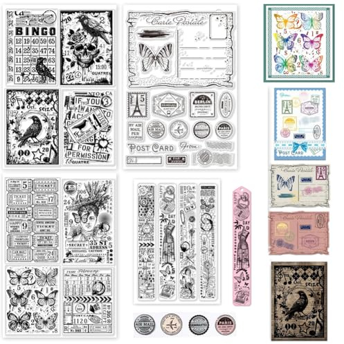 GLOBLELAND 4 Blatt Vintage Klarstempel Mit Krähen Und Schmetterlingsmotiv Für DIY Scrapbooking. Vintage Hintergrund. Klare Silikonstempelsiegel. Transparente Stempel Für Die Kartenherstellung