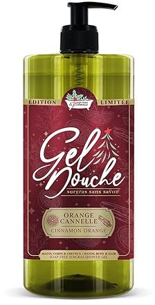 Gel Douche Surgras Orange Cannelle 1L Les Petits Bains de Provence - Édition Limitée Noël, Sans Savon, 96% Ingrédients Naturels, Corps et Cheveux