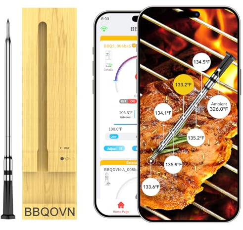 BBQOVN WiFi Sub-1G Wireless Meat Thermometer Unlimited Range 7 NIST Certified Sensors with Ambient Temp 2 Temp Monitoring Ways Digital Smart Base and App for BBQ, Smoker, Grill, Oven