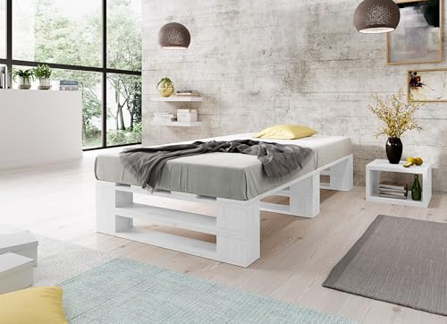 Lermowood Palettenbett M2 aus Holz 100 x 200 cm Weiß mit Lattenrost Holzbett 30cm Stabiles Seniorenbett Kinderbett Jugendbett Gästebett erhöhtes Einzelbett Bettgestell Futonbett Komforthöhe