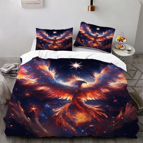 Zbeiba Bettwäsche 135x200cm Set 3 Teilige,Kinder Junge Mädchen Bettbezug + 2 Kissenbezug,Roter Phönix und Sternenhimmel Motiv（135x200+2 * 80x80,Sti10）