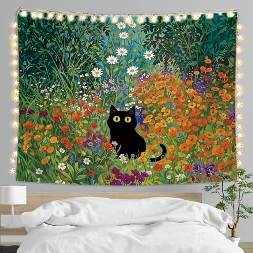 LIANGW Cute Cat Tapestry for Bedroom, Black Cat Home Decor, Flower Tapestry Anime Tapestry Wall Hanging with, Cats Wall Art for Bedroom Dorm Office Decor 50x60 Inch