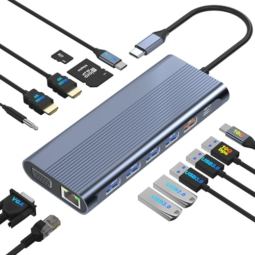 Estación de acoplamiento USB C para monitor dual para portátiles Dell/HP/Lenovo/Mac, adaptador HDMI dual para 2 monitores, estación de acoplamiento para laptop 14 en 1, monitor dual con USB / HDMI