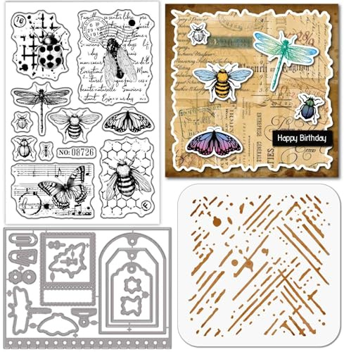 GLOBLELAND Vintage Insekten Klare Stamps und Metall Stanzschablone für die Kartenherstellung Schmetterling Bienen Silikonstempel Stanzschablone PET Malschablonen Für DIY Scrapbooking Bastelalben