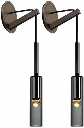 GONGKAI Creative Smoke Gray Glass Wall Light Beer Bottle Crystal Lamp Cylindrical Long Tube Sconce Brass Adjustable Height Mount Lighting for Bedroom Living Room Hallway,2-Pack