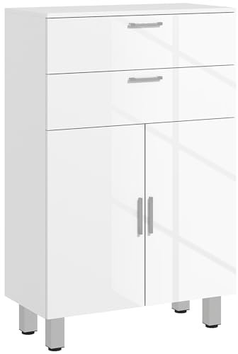 kleankin Meuble de Salle de Bain, Meuble de Rangement avec 2 tiroirs, Placard à Double Porte, étagères réglables et Base surélevée, Armoire Salle de Bain, Salon, Chambre, 60x30x93cm, Blanc Brillant