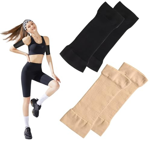 2 Paia di Manicotti a Compressione per Donne, Maniche al Braccio con Pressione per Supportare Linfedema, Manicotti Elastici per Fitness, Yoga e Uso Quotidiano, Fasce per Gomito in Nero e Colore Nudo