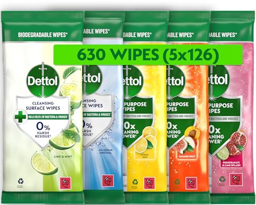 Dettol Antibacterial Cleansing Surface Wipes, Mixed Fragrance, 630 Wipes (126 x 5pck) Large Value, Disinfectant, Home Hygiene, Biodegradable, Kills 99.9 Percent of Germs