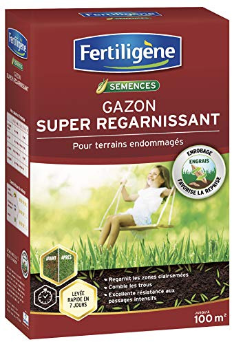 FERTILIGENE REGAR100 - Semences Gazon Super Regarnissant 2 kg - Premières pousses en 1 semaine - Regarnit les zones abîmées et comble les trous - Excellence résistance aux piétinements - Pour 100 m²