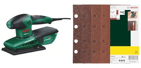 Ponceuse vibrante Bosch - PSS 200 A (livrée dans un coffret avec 1 feuille abrasive Red Wood P120 et un microfiltre) + Lot de 25 disques abrasifs (G 40, G 60, G 80, G 120)