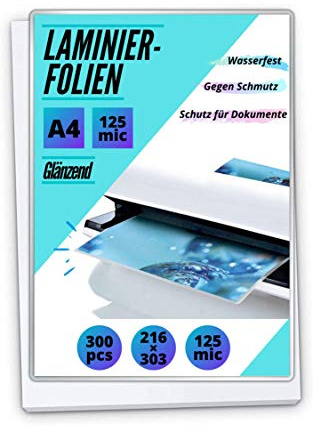 300 PREMIUM Laminierfolien DIN A4 - Hochglänzend - 2 x 125mic (250 mic)