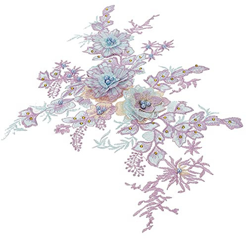 EXCEART 2Pcs Perle 3D Stickerei Spitze Applique Nähen von Futter Stoff Bluse Spitze Patches Perlen Nähen Auf Patches für Hochzeit Kleid Zubehör Lavendel, 35,5 X28X1CM