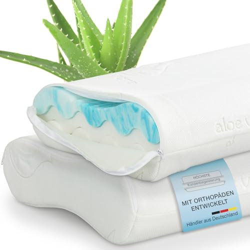 2er-Set Nackenstützkissen 4-fache Höhenanpassung individueller Liegekomfort auf Gelschaum- oder thermoelastischer Viskoschaum-Seite, Kissen mit Memory Foam, inkl. Aloe Vera Bezug