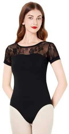 Lanbodance Damen Kurzarm Ballettanzug Gymnastik Tanz Erwachsene Gymnastikanzug Body, Schwarze Spitze, XS