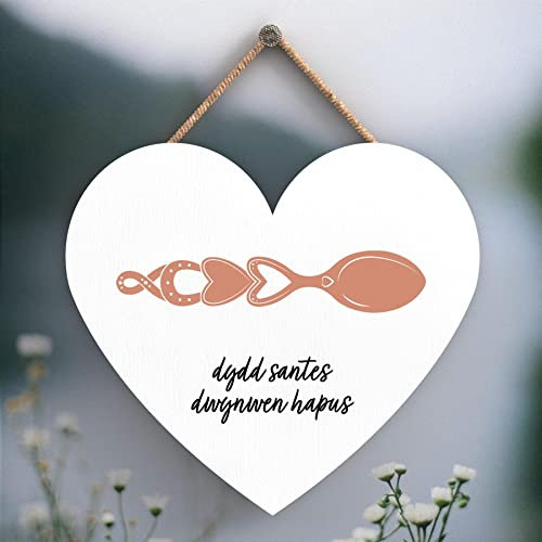 Global Designs Dydd Santes Dwgnwen Hapus Valentines Welsh Love Spoon Wooden Heart Plaque