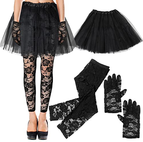 Boyiee 3 Pièces Déguisements des Années 80 pour Femmes Inclure Leggings en Dentelle Jupe Tutu et Gants Courts Tenue de Costume Cosplay Fête d'Halloween (Noir), Taille unique, (Boyiee-020623D08)