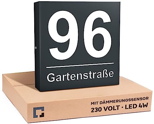 PRINTIMA Premium Gravur Personalisierter Hausnummer Anthrazit Beleuchtet Led Strom 230V, Hausnummernschild mit Dämmerungssensor |30x30cm, 4W/A+++| Wasserdicht, Funktion trifft auf Qualität und Stil