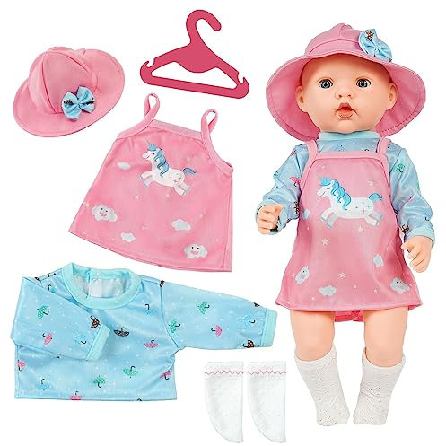 Aolso Kleidung Outfits für Baby Puppen, Puppenkleidung =langärmeliges Trägerkleid+Mütze+Socke+Aufhänger, Puppe Zubehör für Baby Puppen 35-45 cm