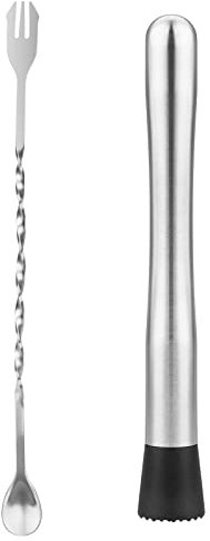 tifanso Pilon pour cocktails, 25,4 cm et cuillère de bar, cuillère à cocktail en acier inoxydable, cuillère à cocktail à long manche, accessoires de bar pour mojitos et boissons aux fruits