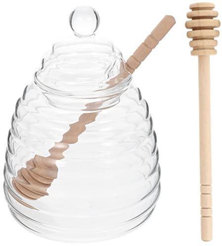 FELTECHELECTR 1Juego Tarro de Miel de Vidrio con Cucharón Recipiente Decorativo Multi Funcional Miel y Mermelada Almacenamiento Cocina Reutilizable y Práctico