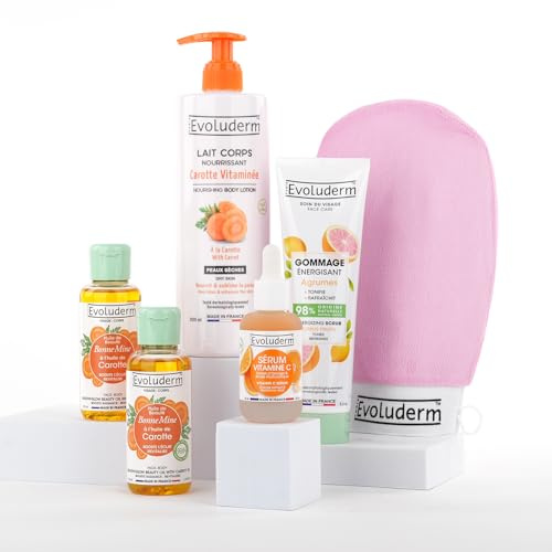 EVOLUDERM – Routine Éclat Visage & Corps – 1 Lait Corps Carotte + 2 Huiles de Carotte + 1 Sérum Vitamine C + 1 Gommage visage Agrumes + Gant Exfoliant Offert – Idée Cadeau - Fabrication Française
