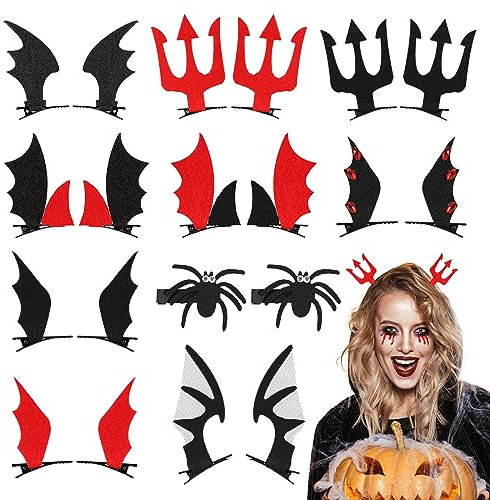 20 Uds Pinzas Pelo Niña Mujer de Halloween, Accesorios para El Pelo con Murciélago, Araña, Alas y Tridente - Horquillas Clips para Niñas y Mujeres