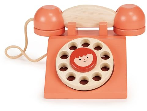 Mentari Toys - Ring Ring Telephone - Solid Wood Retro Chorded Dial Phone for Toddlers - Pretend Play Toy Telephone - Boost Communication Skills and Language Development - Age 2+