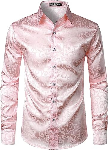 PARKLEES Camicia da uomo a maniche lunghe slim fit con stampa floreale di lusso, tessuto di raso simile alla seta, versatile da indossare per matrimoni, feste, balli, affari, casual - XL, rosa, S