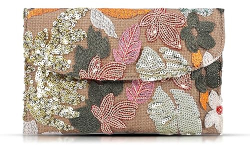 QTKJ Envelope Package, Clutch Purses for Women, Sequin Embroidered Flowers Straw Bag, Bohemian Handmade Handbags, Beach Bag for Vacation, Travel (Silver), Silver