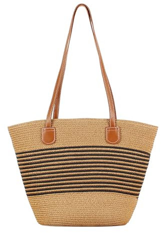 Faletony Stroh Strandtasche Flechttasche Damen Schultertasche Strohtasche Groß Umhängetasche Sommer Shopper Handtasche Korbtasche für Strand Reise Einkauf (Schwarze Streifen)