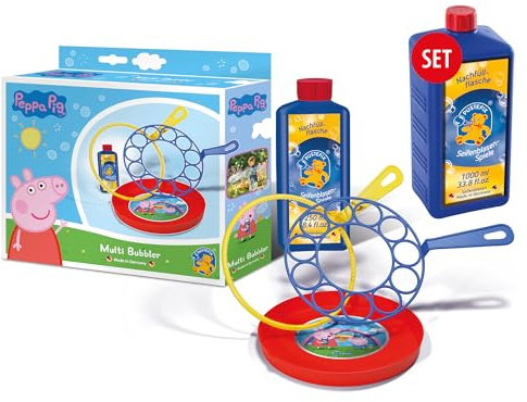 PUSTEFIX Multi-Bubbler Peppa Pig 250 ml + Nachfüllflasche Maxi 1 Liter I Seifenblasen Kinder Set für Hochzeit, Geburtstag UVM. I Viele Bunte Bubbles auf einmal