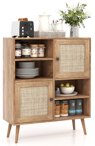 GiantexUK Rattan Storage Sideboard, Wooden Buffet Storage Cabinet with 2 Doors, 4 Open Cubbies & Anti-toppling Device, Boho Freestanding Organizer Cupboard for Kitchen Dining Living Room