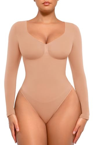 FeelinGirl Dam magkontroll bodysuit shapewear sömlös skulptering kroppsformare string v-hals långärmad full täckning kastanj brun M