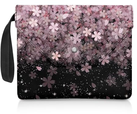 Poceacles Buchhülle mit Druckknopf und extra Einschubtasche, Buchschutz, waschbarer Stoff, 30 x 23,9 cm, für Buchliebhaber, Kirschblüte, glänzend, schwarz