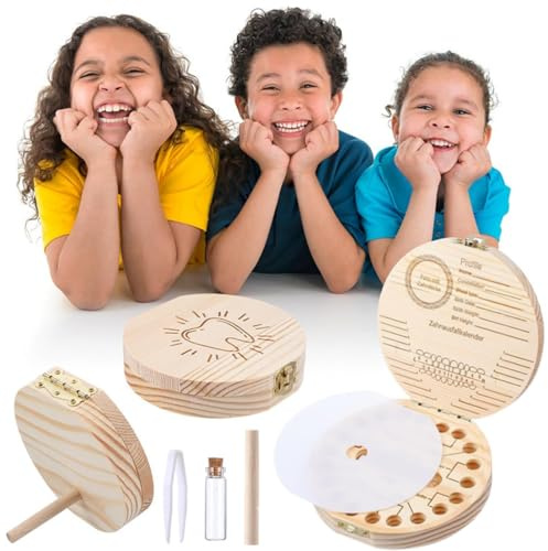 OUDQFCJ Caja de Dientes Unisex, para Dientes de Leche Niño, de Madera Guardar Dientes, Guardadientes, Infantil, Estuche Dientes, Incluye Pinza y Bote(Madera)