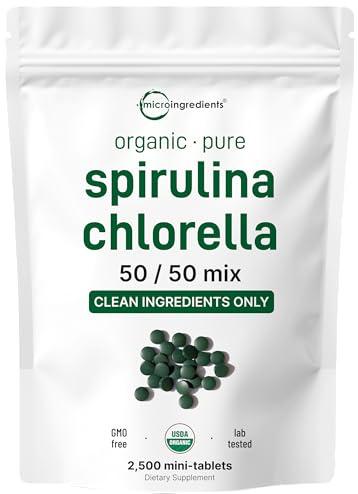 Micro Ingredients Organic Spirulina Chlorella Mini Tablets, 2,500 Tablets (8 Month Supply) | 50/50 Algae Blend | No Fillers, Non-GMO