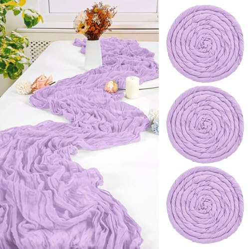 FXKS 3 Stück Lila Tischläufer,55 x 300 cm Cheesecloth Tischläufer | Rustikaler Gaze Stoff Boho Tischläufer Käsetuch Hochzeit Tischdecke für Hochzeit Brautparty Bankett Dekoration