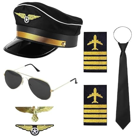 XFSRG 7 Piezas Accesorios de Disfraz de Piloto Airline Pilot Captain Costume Cosplay Kit Disfraz Adulto para Fiesta Carnaval Juego de Roles Accesorios
