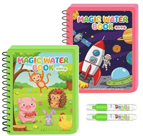 Altaroo 2 Stück Wassermalbuch, Wasser Malbuch mit Wasserstifte für Kinder, 2 Stück Wasserstift ab 2 jahre,Magic Malbuch mit Wasserstift, Wasserzauber Malbuch, Water Reveal Aktivitätsbücher