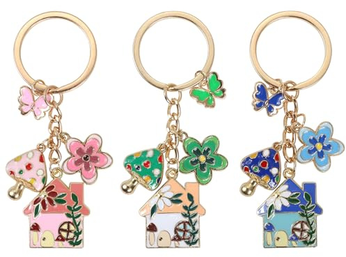 Lot de 3 porte-clés maison de conte de fées « Happy New Home » - Cadeau de départ pour femme, porte-clés de maison avec cottage et fleurs, cadeau de pendaison de crémaillère pour anniversaire et