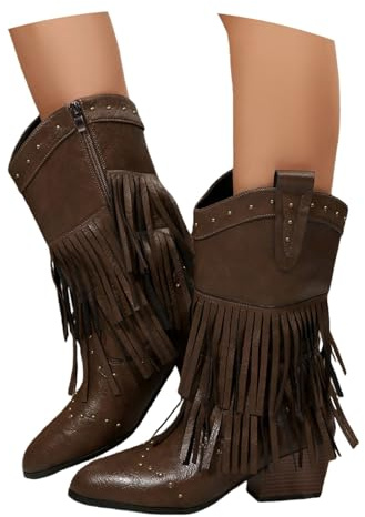 Korta Stövlar Med Fransar Retro Western Cowboystövlar for Kvinnor Ankelstövlar I PU-läder Med Blockklack Spetsiga Boots Med Nitar Casual Ankelskor for Utomhusbruk, Fester, Konserter(41 EU)